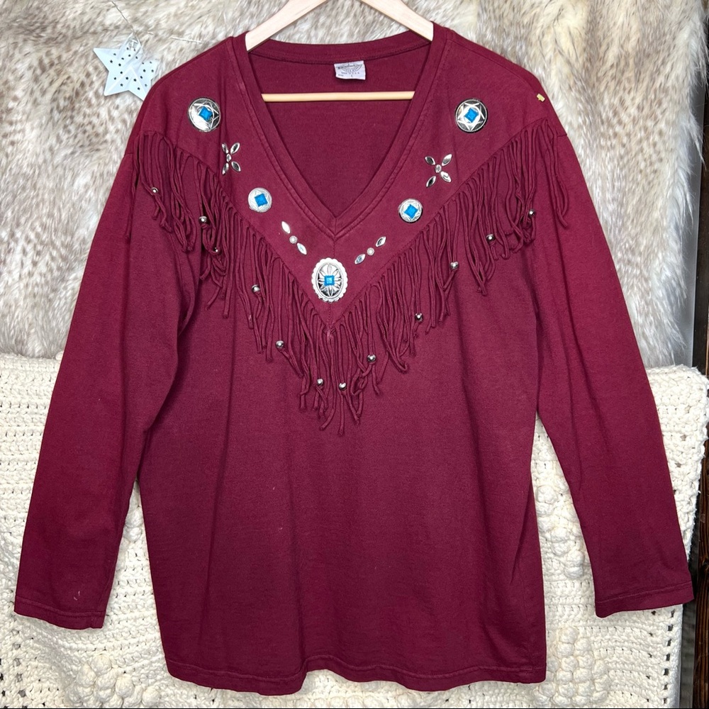 Vintage U.S.A. Bridge Sportswear Co. Fringe Native Turquoise Beaded Long Sleeve